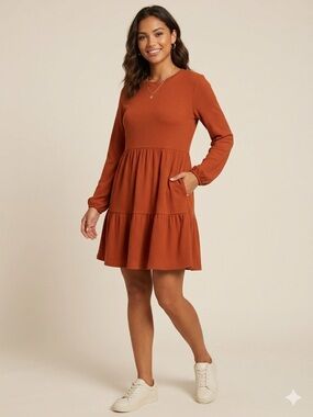 Cupshe Rust Orange Ribbed Long Sleeve Tiered Babydoll Mini Dress NWT